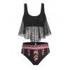 Maillot de Bain Tankini Superposé à Imprimé Plume en Dentelle de Grande Taille - Noir 4X