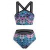 Beach Bikini Swimwear Shadow Striped Trim Scale Print Mermaid Tummy Control Swimsuit - multicolor XL