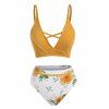 Flower Print Textured Criss Cross Bikini Swimwear - BEE YELLOW S