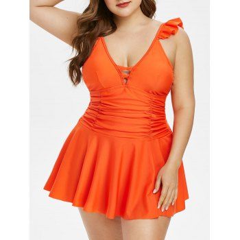 

Plus Size Crisscross Ruffle Ruched Backless Skirted Tankini Swimwear, Orange