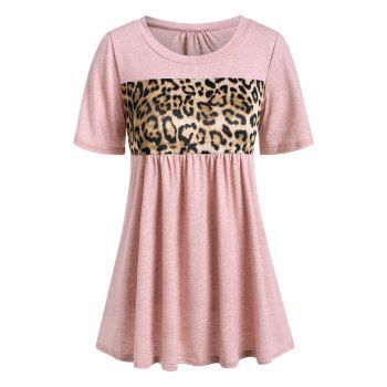 

Leopard Insert Short Sleeve Loose T-shirt, Deep peach