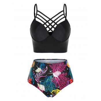

Plus Size Crisscross Ocean Creature Tankini Swimwear, Black