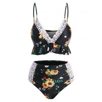 

Sunflower Lace Insert Ruffle Tummy Control Tankini Swimwear, Black