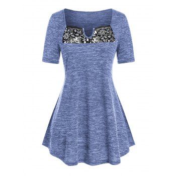 

Plus Size Flower Lace Mesh Splicing T Shirt, Denim blue