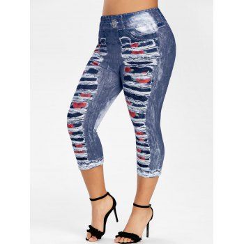 

Plus Size 3D Ripped Print Faux Denim Leggings, Slate blue
