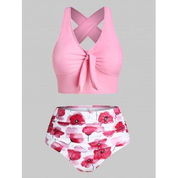 

Plus Size Floral Print Crisscross Tied Tankini Swimwear, Pink rose