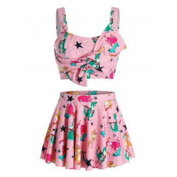 

Plus Size Star Dinosaur Knotted Tankini Swimwear with Skirt, Pink rose