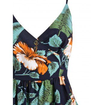 

Palm Floral Print Sundress Cross Back Surplice Spaghetti Strap Summer Dress, Deep blue