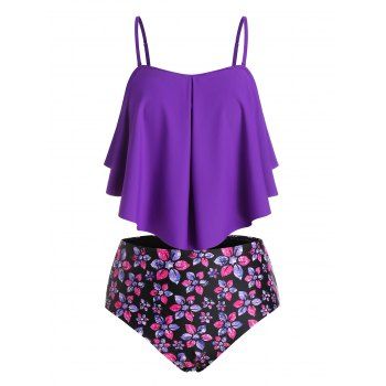 

Flounce Floral Underwire Plus Size Tankini Swimwear, Purple