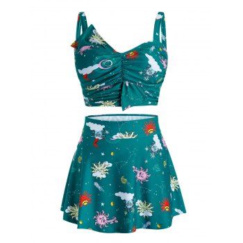 

Plus Size Sun Print Ruched Skirted Three Pieces Tankini Swimwear, Dark turquoise