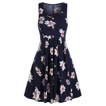 

Buttons A Line Printed Flower Dress, Midnight blue