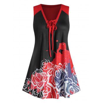 

Plus Size Floral Print Lace Up Tank Top, Black