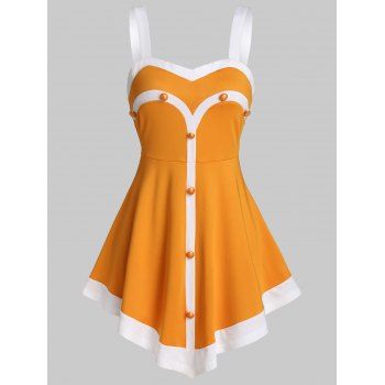 

Mock Button Contrast Flare Tank Top, Sandy brown