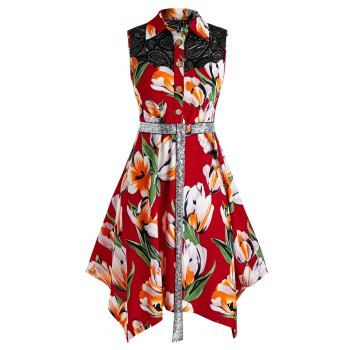 

Plus Size Handkerchief Floral Print Midi Dress, Red wine