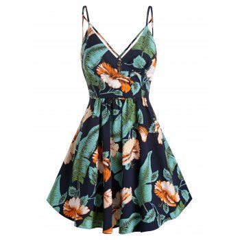 

Palm Floral Print Sundress Cross Back Surplice Spaghetti Strap Summer Dress, Deep blue
