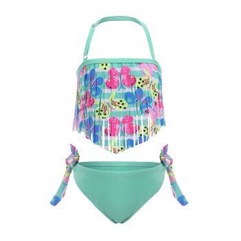 

Girls Butterfly Print Fringed Halter Bikini Swimwear, Aquamarine