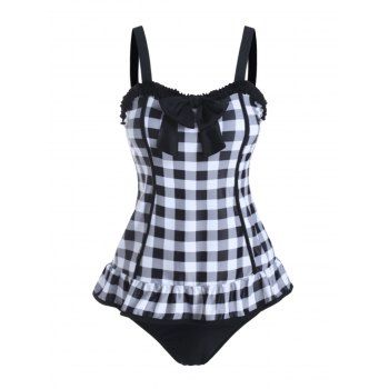 

Modest Swimwear Bowknot Plaid Print Ruffled Padded Tankini Swimsuit, Black