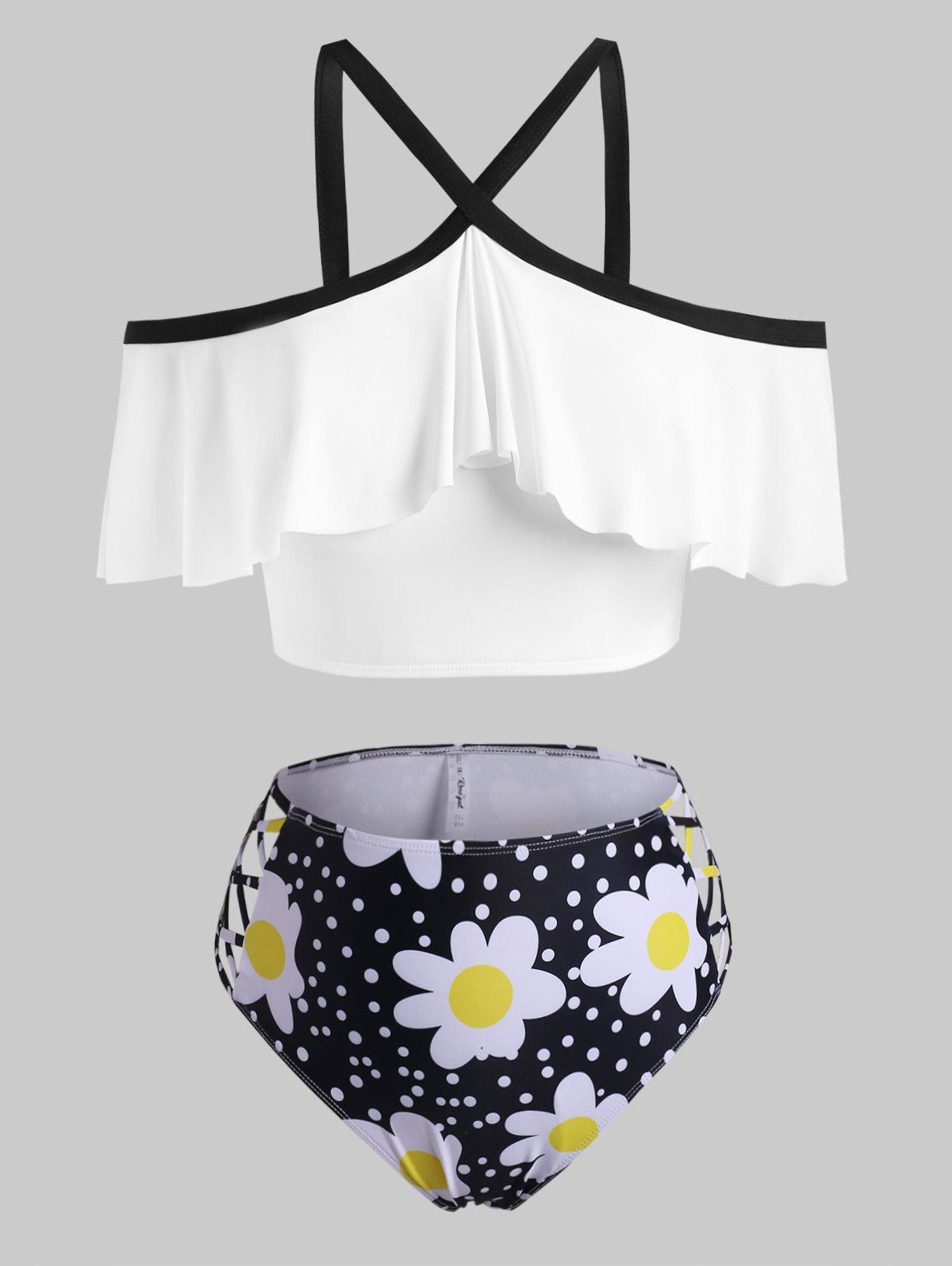 Ruffles Open Shoulder Daisy Dotted Lattice Plus Size Tankini Swimwear - BLACK 5X