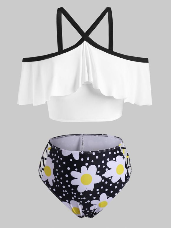 Maillot de Bain Tankini Marguerite à Epaule Dénudée de Grande Taille en Treillis à Volants - Noir L