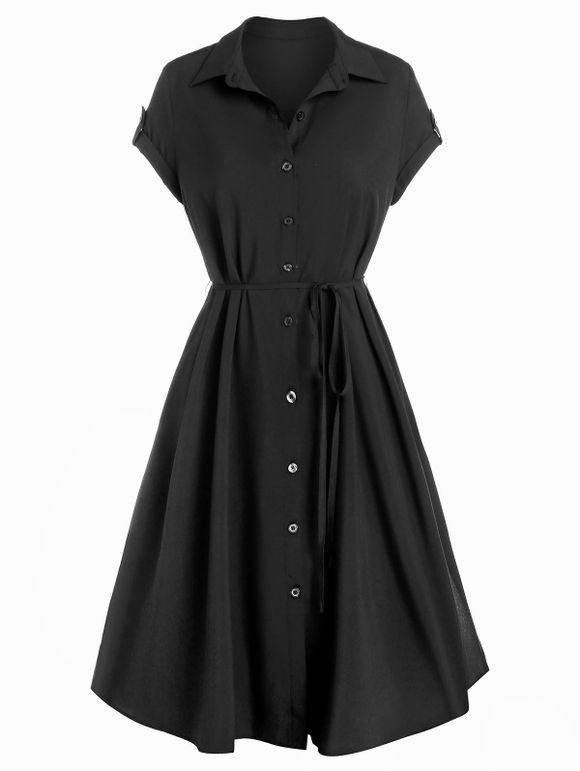 Buttons Self Tie Belted Shirt Dress - BLACK 2XL