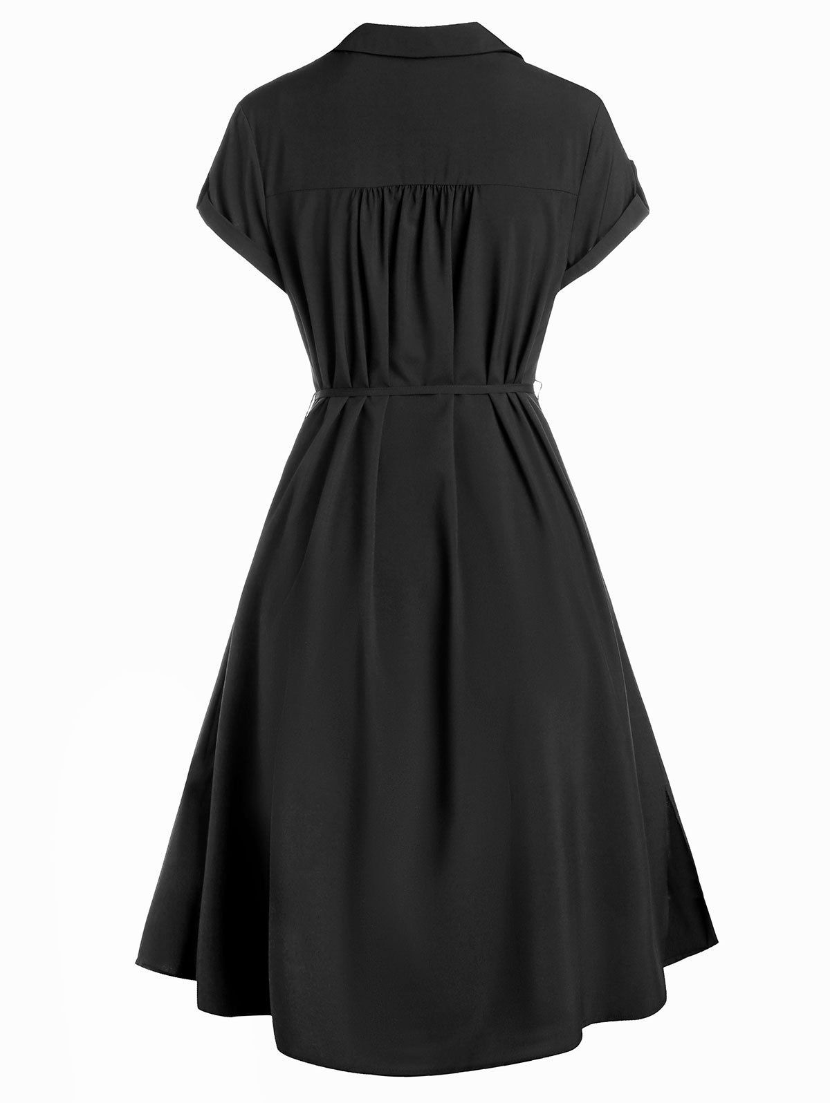 Robe Chemise Ceinturée Auto-Nouée avec Boutons - Noir L