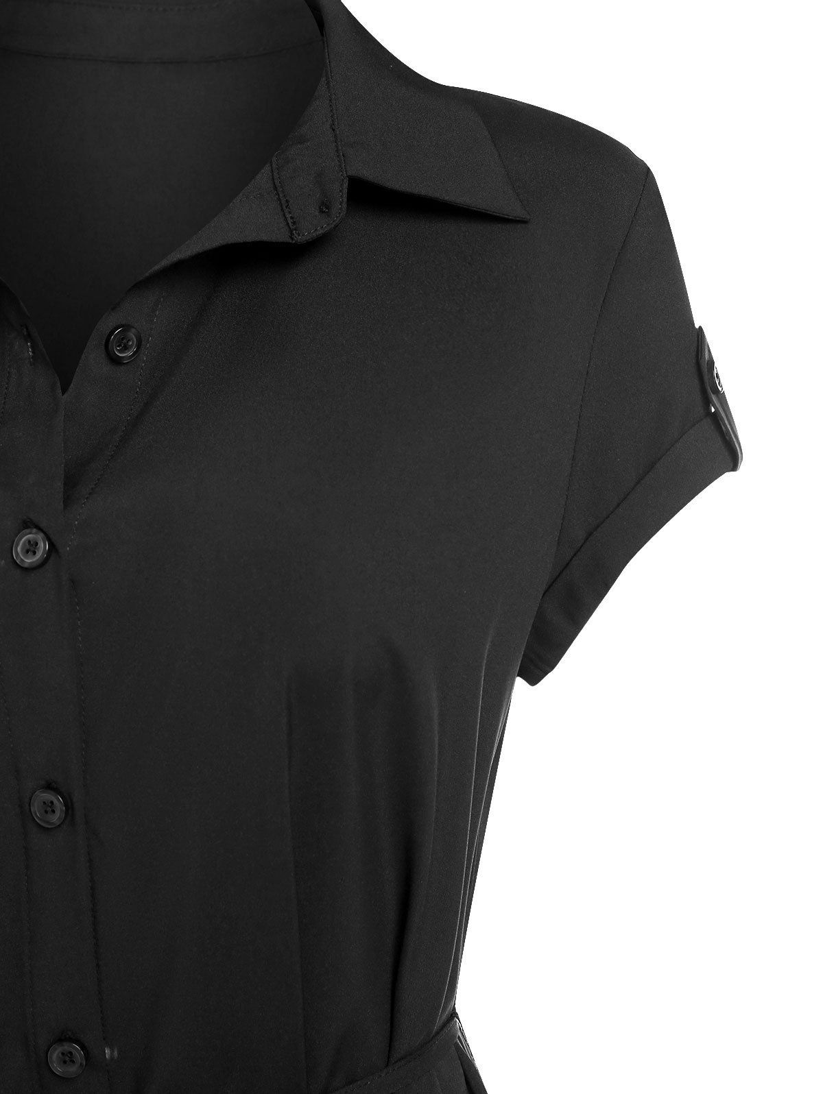 Robe Chemise Ceinturée Auto-Nouée avec Boutons - Noir L