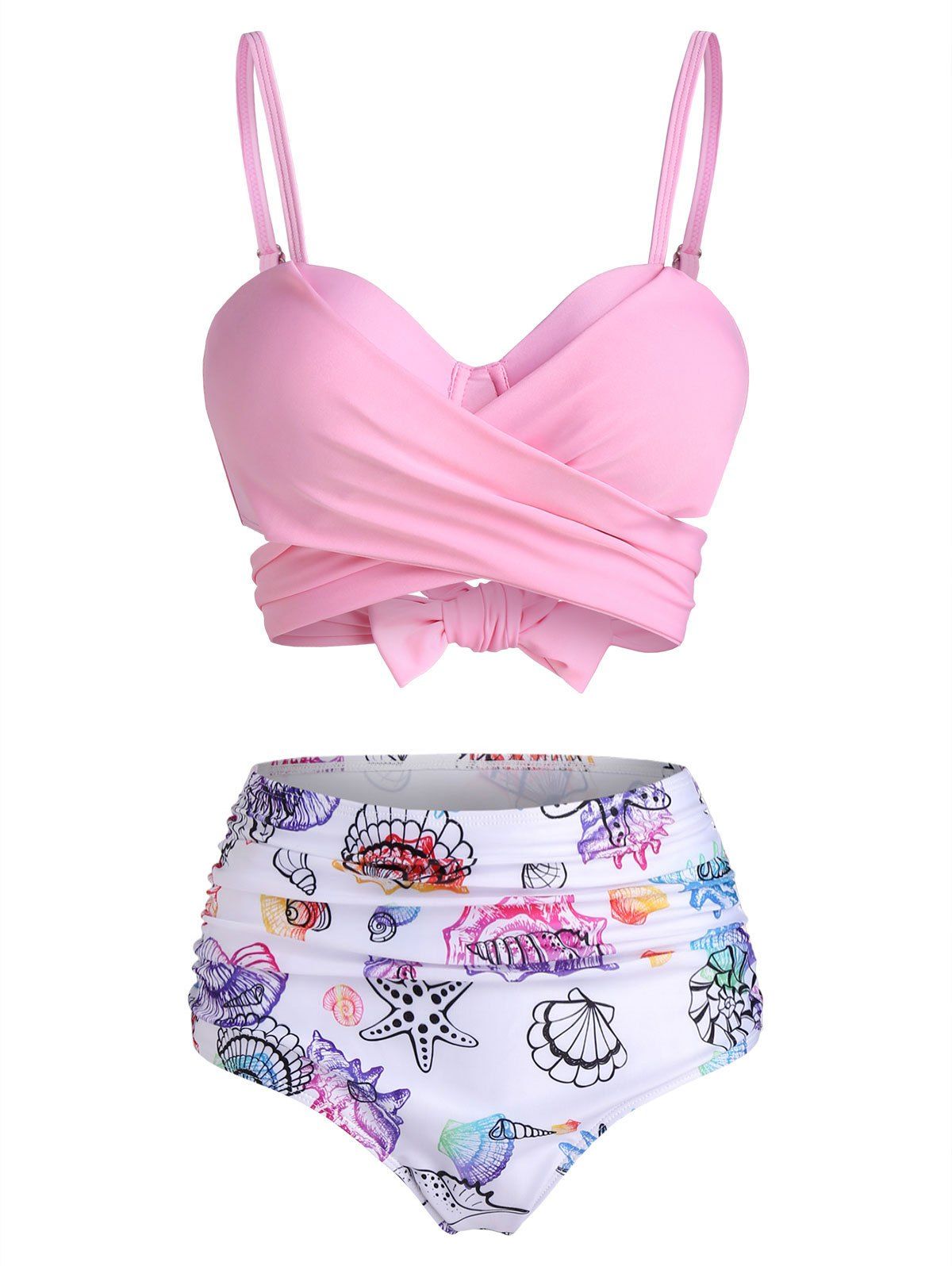 Shell Starfish Print Padded Wrap Bikini Set - LIGHT PINK M