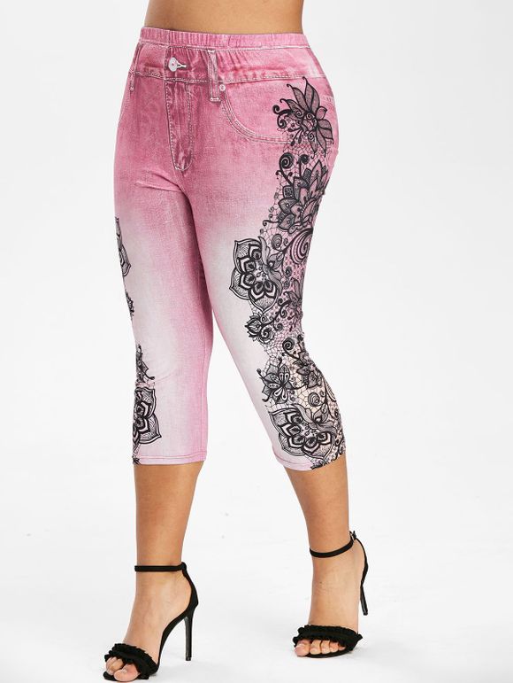 Legging Court 3D Fleur Imprimée de Grande Taille - Rose Rosé 5X
