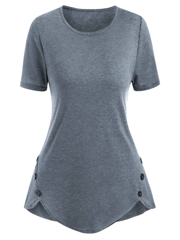 T-shirt Chiné à Manches Courtes avec Bouton - Cendre gris 3XL