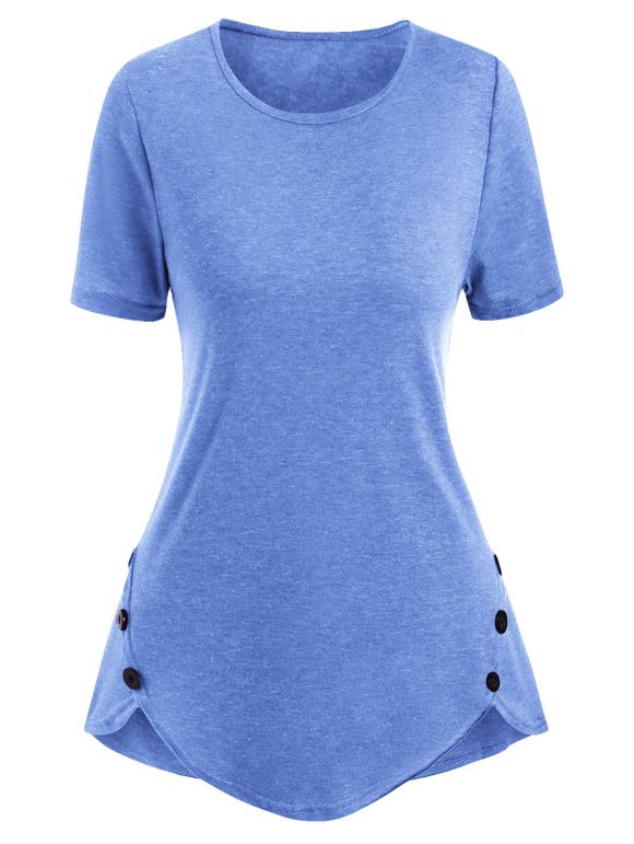 T-shirt Chiné à Manches Courtes avec Bouton - Bleu Cristal M