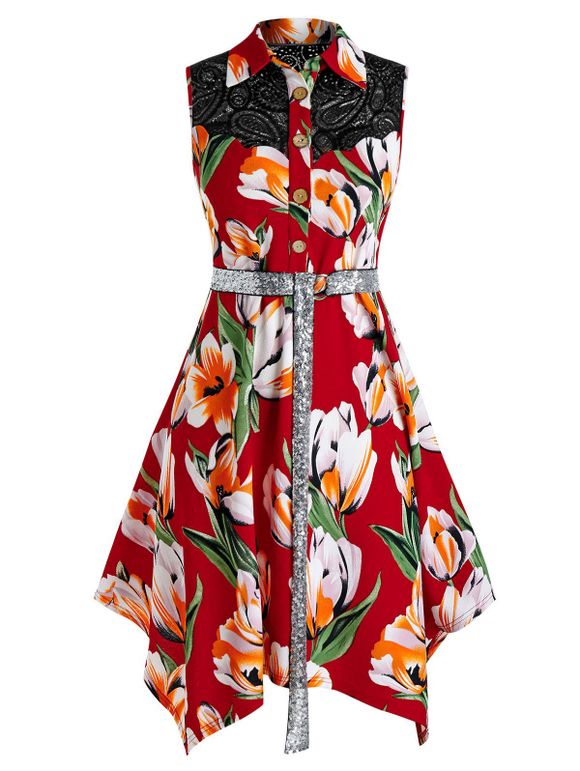 Robe Mouchoir Mi-Longue Fleurie Imprimée de Grande Taille - Rouge Vineux 2X