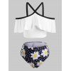 Maillot de Bain Tankini Marguerite à Epaule Dénudée de Grande Taille en Treillis à Volants - Noir L