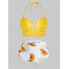 Maillot de Bain Tankini à Imprimé Banane à Coupe Haute de Grande Taille à Col Halter - Jaune Soleil 4X