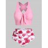 Maillot de Bain Tankini Noué Croisé Fleuri Imprimé de Grande Taille - Rose Rosé 5X