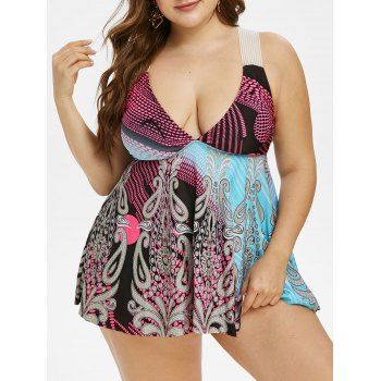 

Plus Size Low Cut Tribal Print Tankini Swimwear, Black