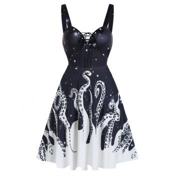 

Starry Octopus Print Lace Up Mini Cami Dress, Black