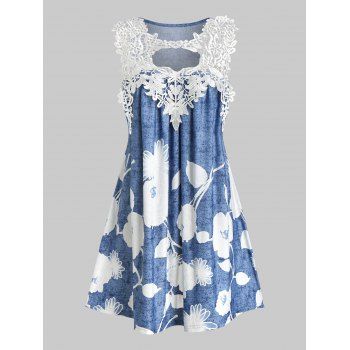 

Flower Print Lace Insert Sleeveless Dress, Deep sky blue