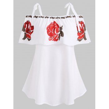

Floral Flounces Knotted Open Shoulder Plus Size Blouse, White