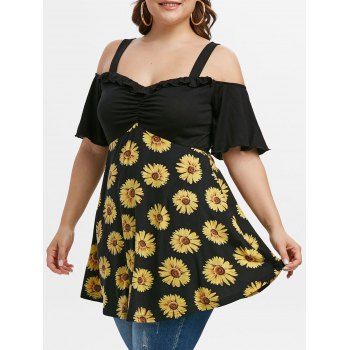 

Plus Size Floral Open Shoulder Ruched T-shirt, Black