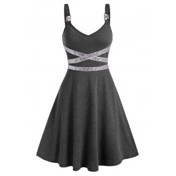 

Sleeveless Rhinestone Ring Cross Sequin Panel Mini Flare Dress, Dark gray