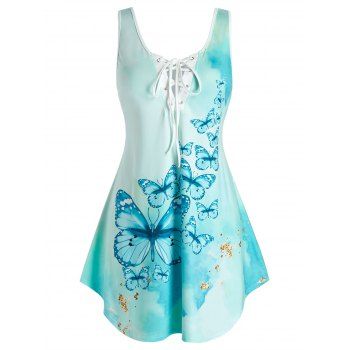 

Plus Size Lace Up Butterfly Print Tank Top, Baby blue