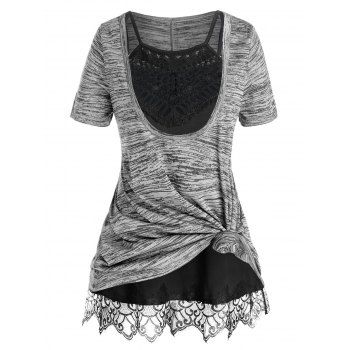 Image of Plus Size Space Dye Front Knot T Shirt and Cami Top Set