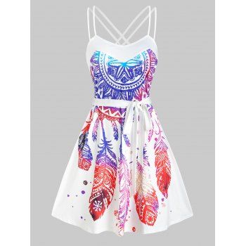 Dream Catcher Bohemian Print Strappy Belted Dress