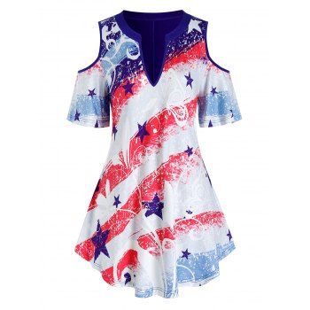 

Plus Size American Flag Butterfly Pattern Open Shoulder Tee, Deep blue