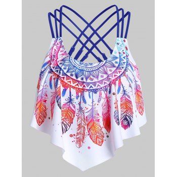 

Feather Print Strappy Padded Swim Top, Blue