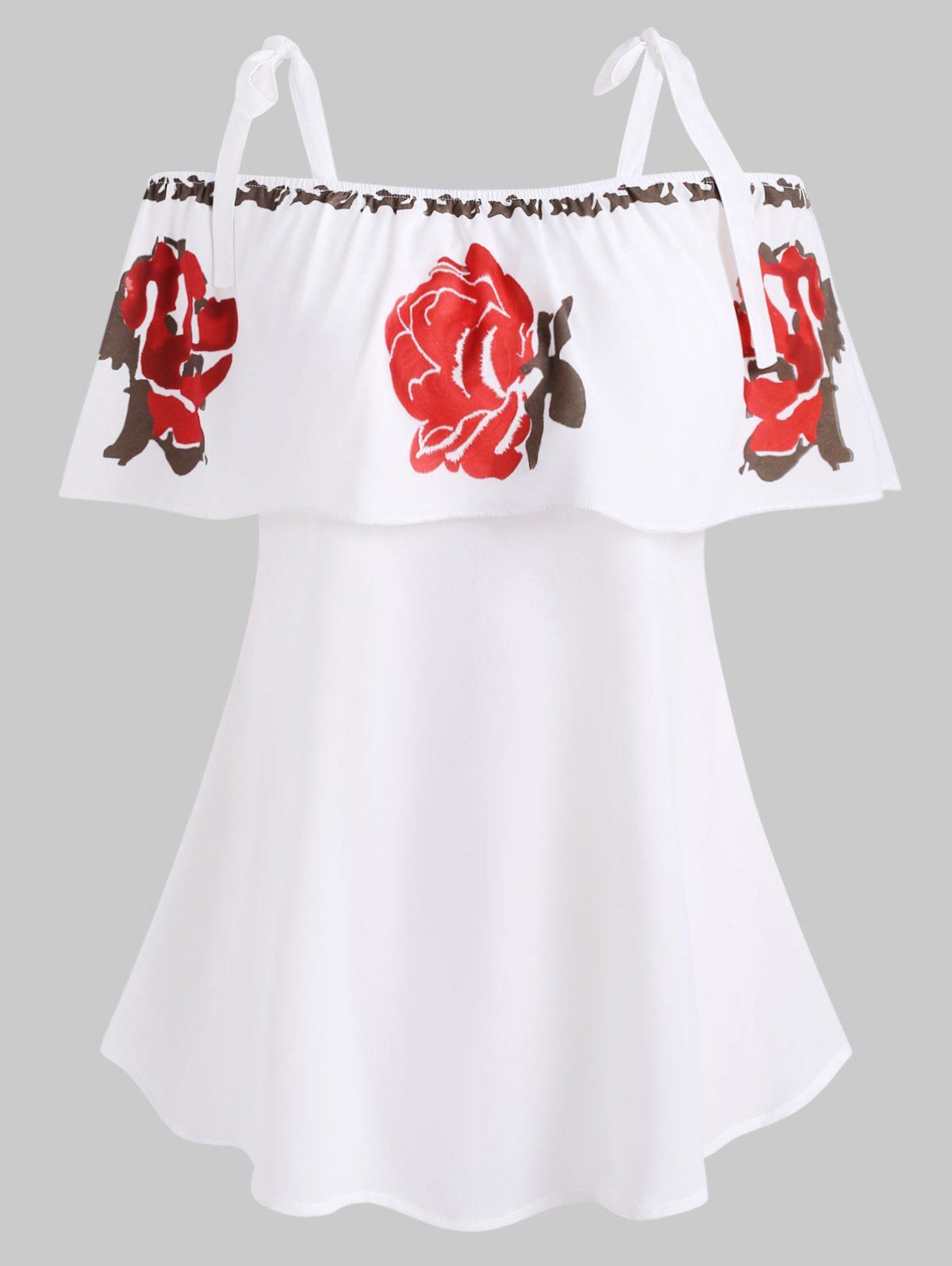 

Floral Flounces Knotted Open Shoulder Plus Size Blouse, White