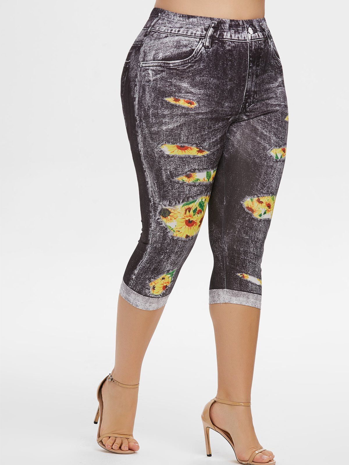 

3D Sunflower High Waisted Plus Size Capri Jeggings, Black