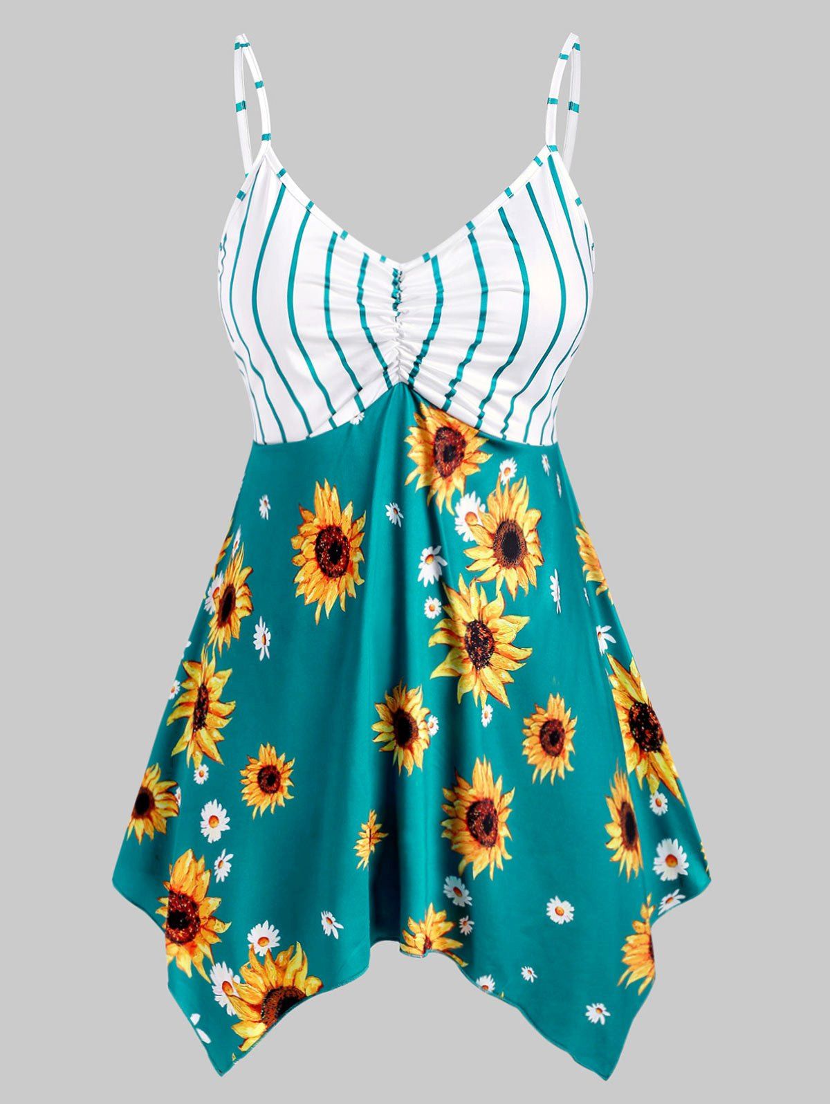 Plus Size Striped Sunflower Print Handkerchief Tank Top - GREENISH BLUE 4X