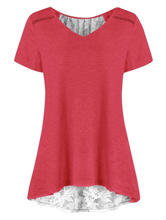 T-shirt Tunique Panneau en Dentelle Transparente à Lacets - Rose Pastèque 3XL
