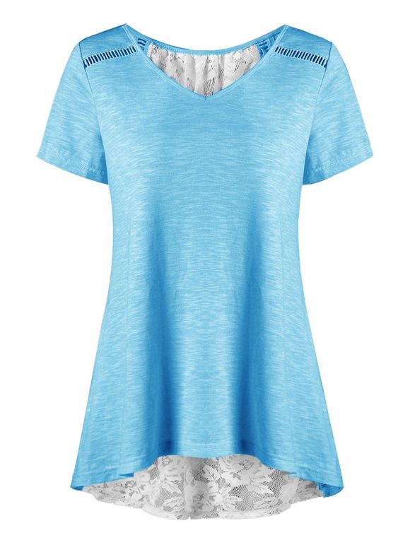 T-shirt Tunique Panneau en Dentelle Transparente à Lacets - Bleu Cristal XL